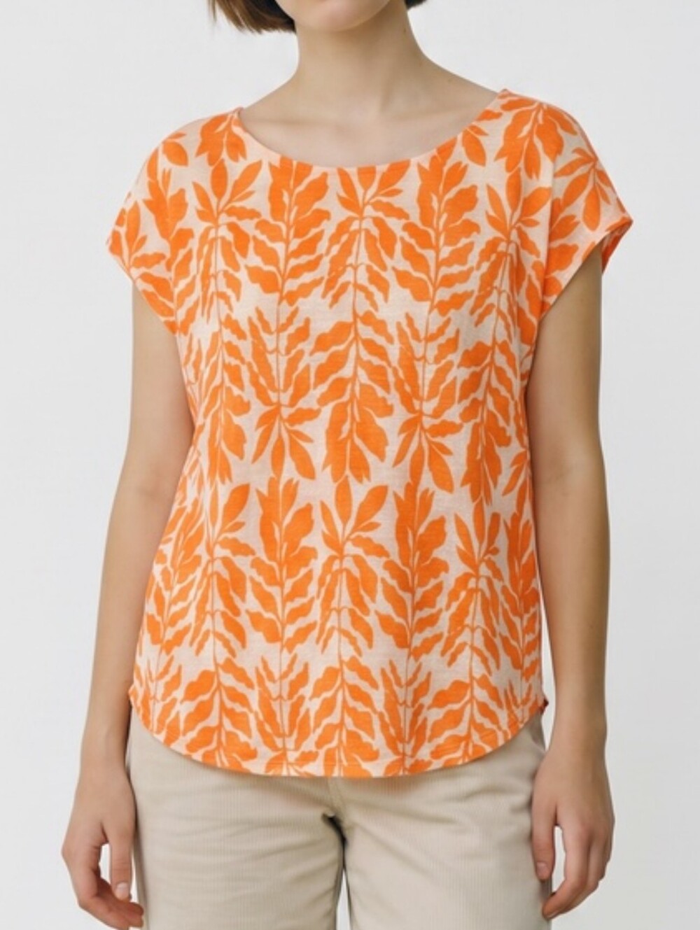 NWOT Rachel Zoe 100% Linen Tropical Leaf Print Cap Sleeve Top XL Orange Cream